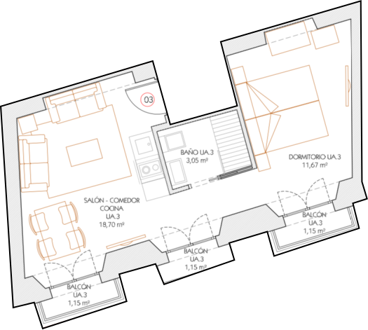 Apartamento superior de 1 dormitorio